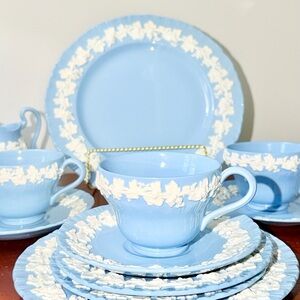 Elegant Blue and White Wedgewood Embossed Queensware Dinnerware/ Tea Set